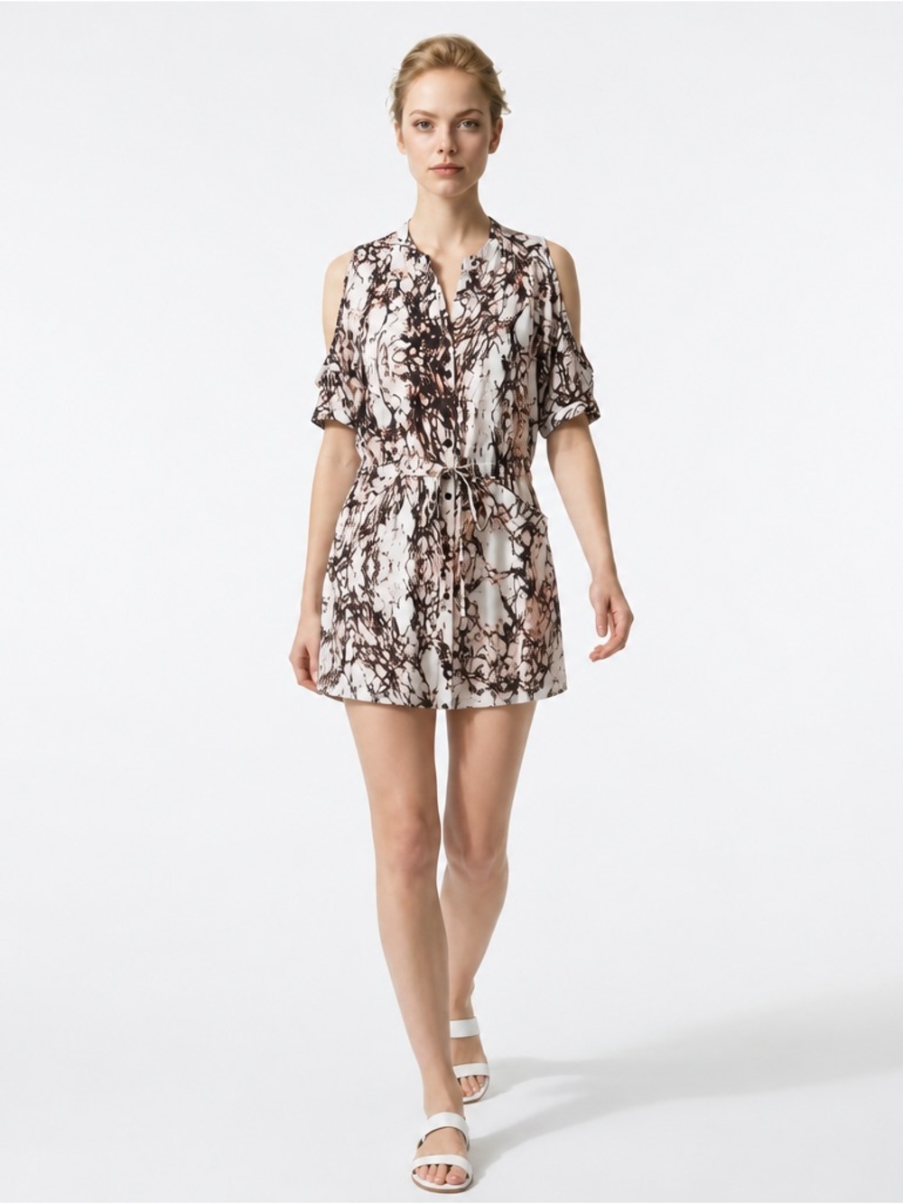 Satiny cold shoulder dress